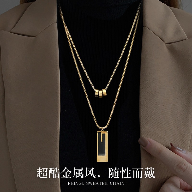 双层钛钢时尚简约毛衣链女高端大气项链卫衣链方牌叠戴新款长款潮