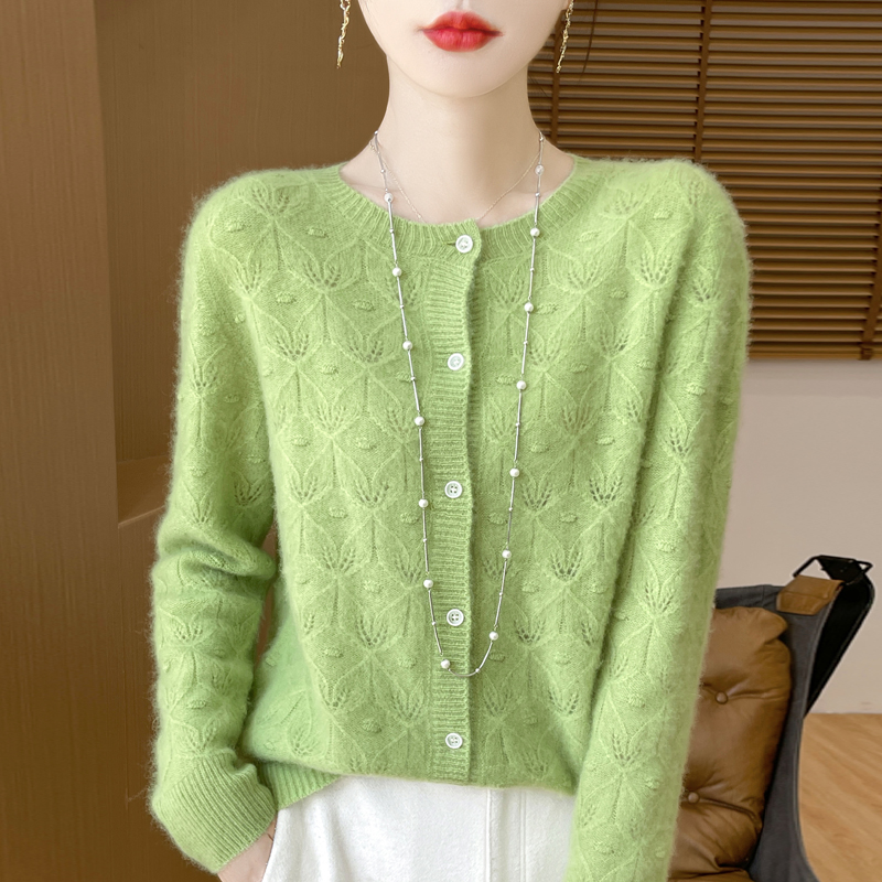 100%纯羊毛衫镂空圆领开衫宽松设计感秋冬打底百搭时尚提花女D281