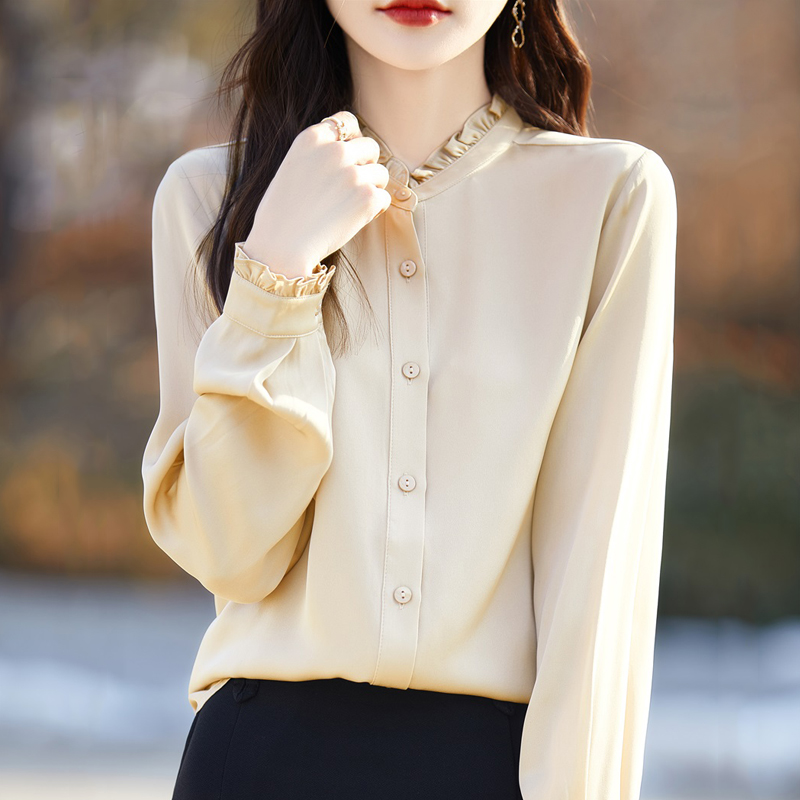 法式花边立领长袖衬衣女2024春新款高级感木耳边纯色气质小衫Z112