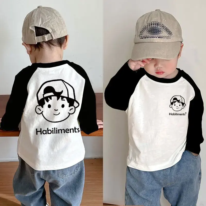 纯棉儿童长袖T恤男女童新款洋气宝宝上衣韩版卡通撞色春秋打底衫t