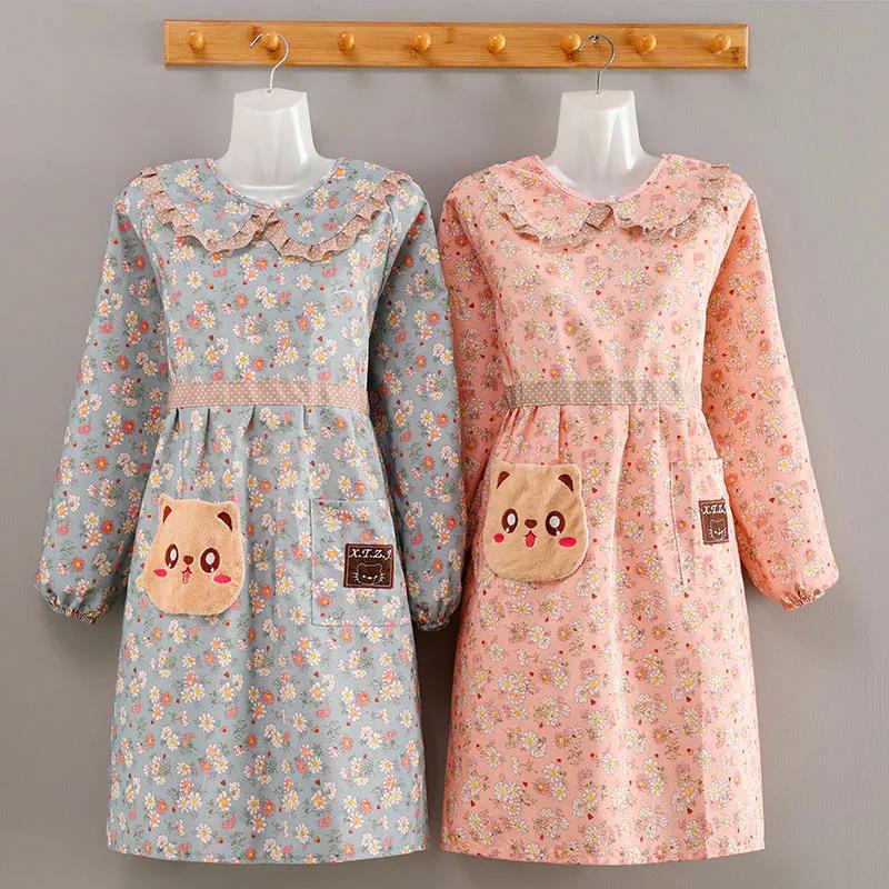 加厚棉布围裙防油污厨房家用做饭长袖罩衣时尚洋气韩版工作服耐磨