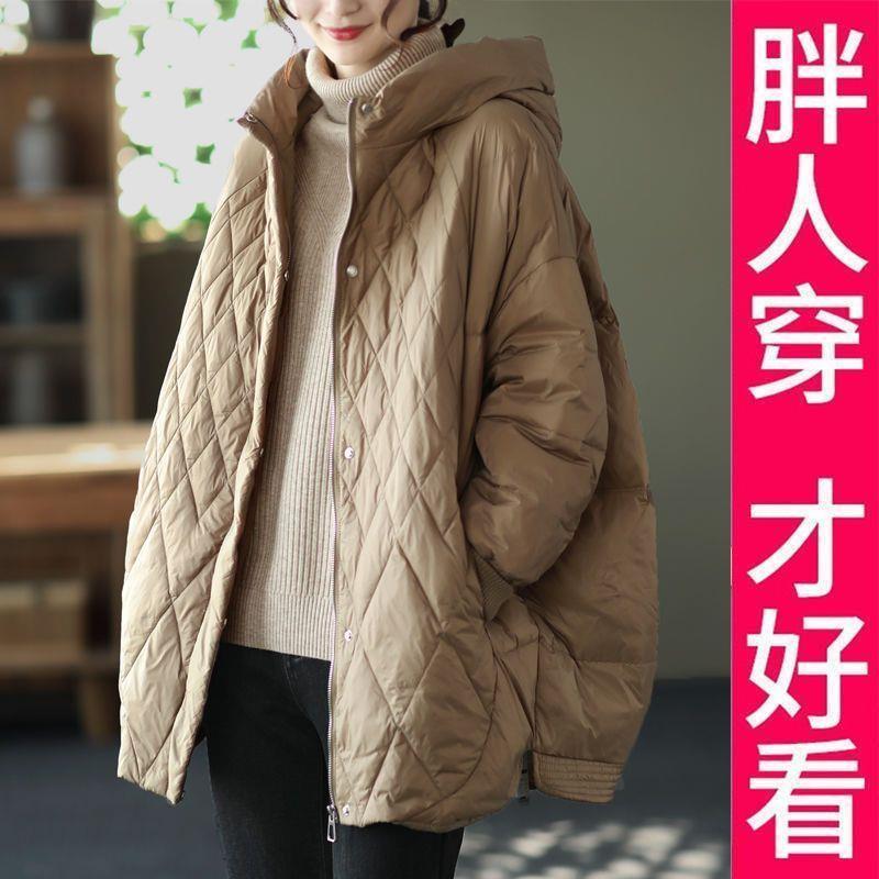 200斤连帽羽绒服女菱格文艺气质休闲保暖宽松显瘦保暖大码外套