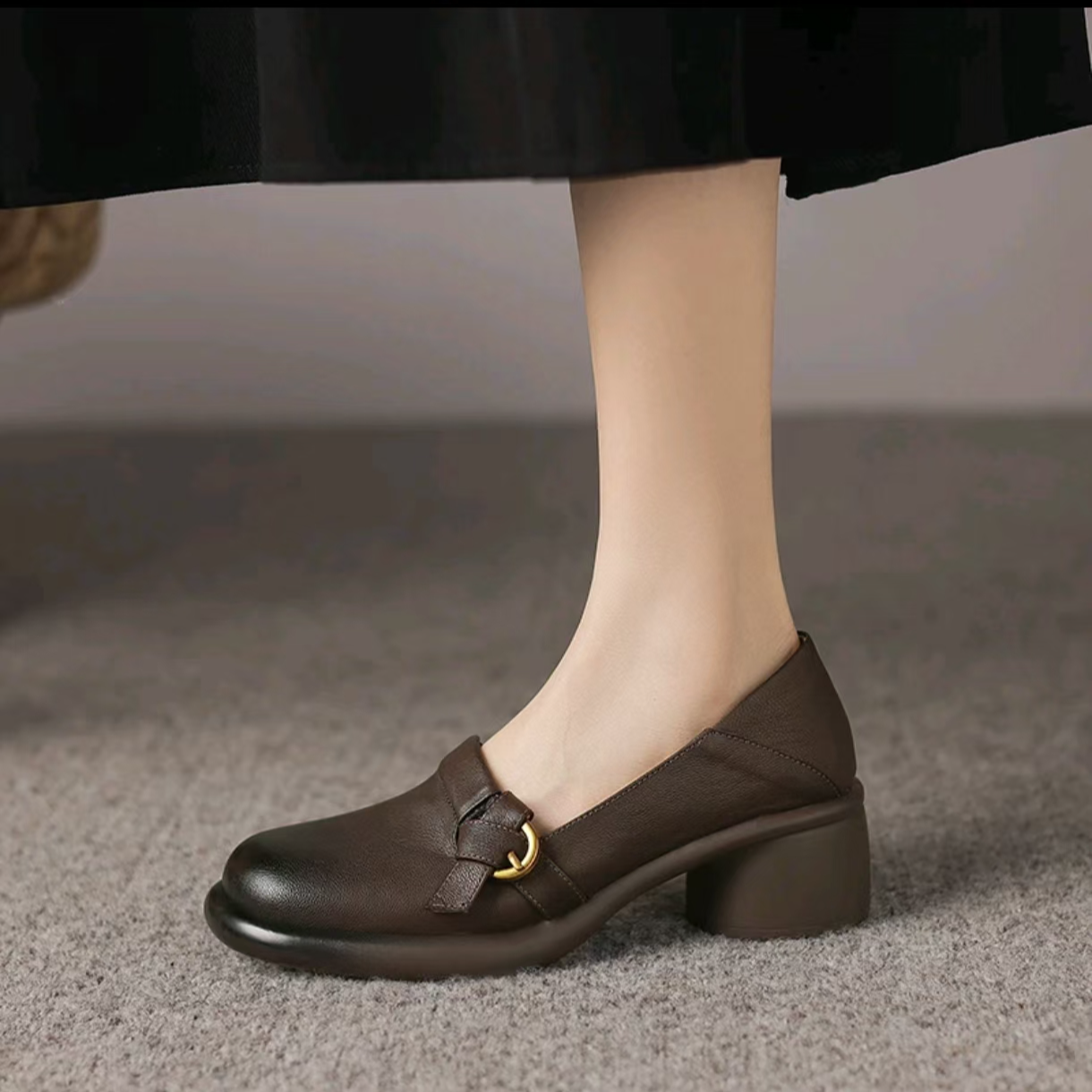 羊皮5CM跟高秋季百搭软底复古粗跟厚底英伦风单鞋女一脚蹬乐福鞋