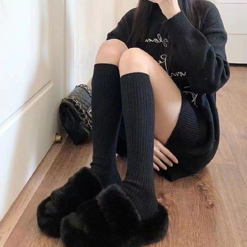 女保暖显瘦百搭中筒袜日系灰色堆堆袜子女秋冬款奶白色竖纹小腿袜