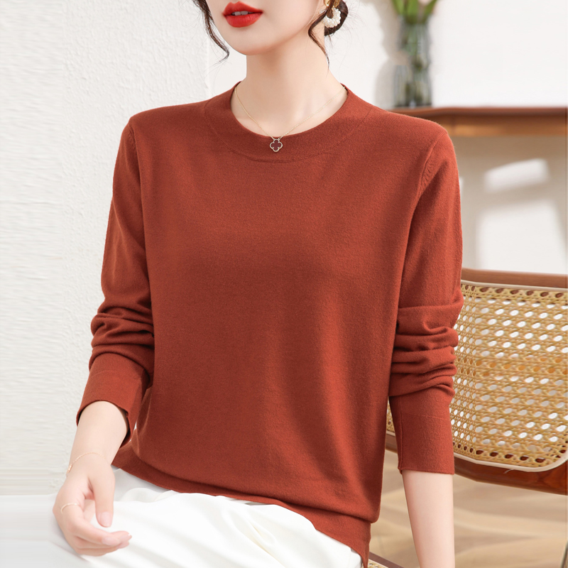春秋薄款精纺羊毛针织衫宽松圆领套头打底衫时尚毛衣简约
