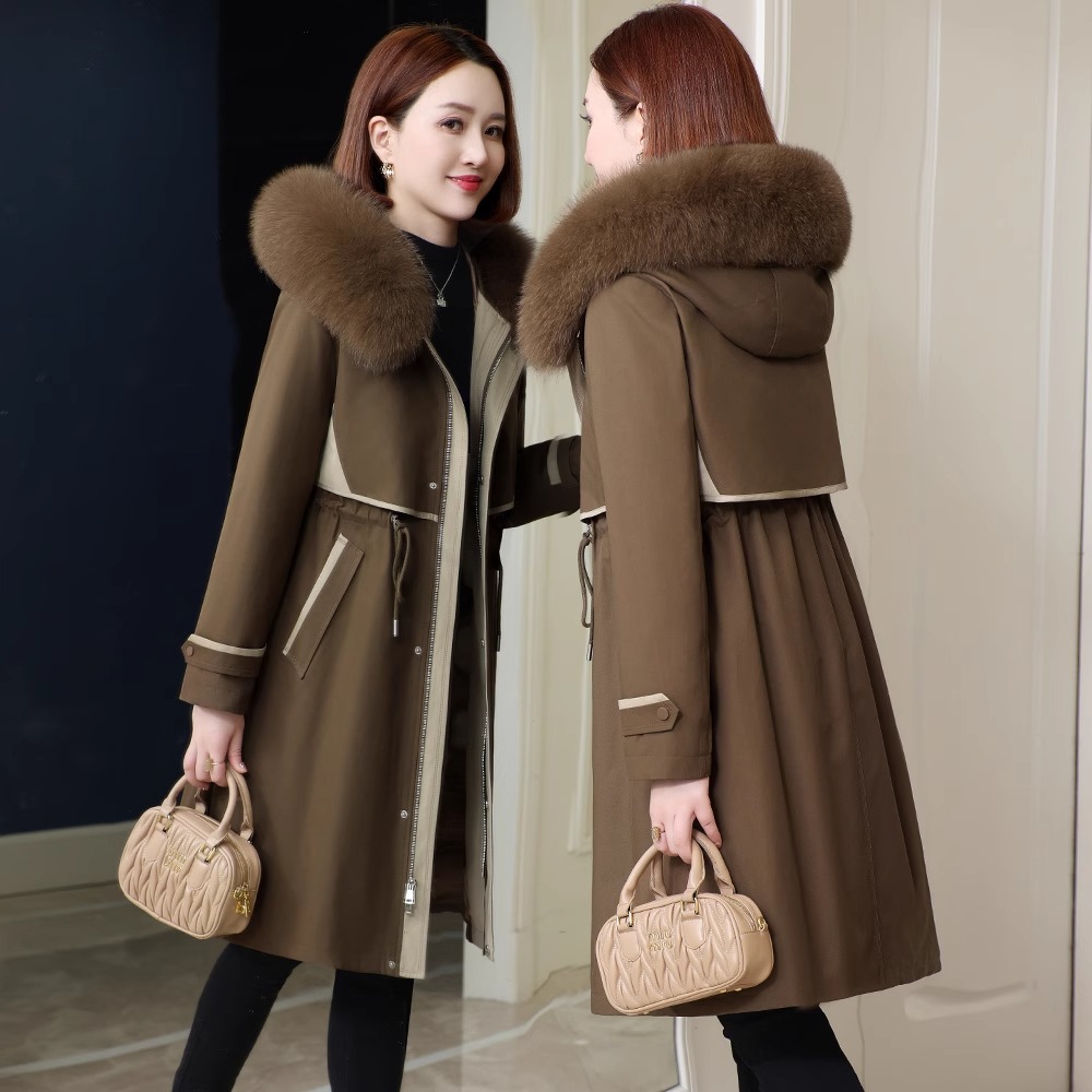 新款时尚毛内胆派克服大衣女冬中长款收腰显瘦海宁皮草外套可拆卸
