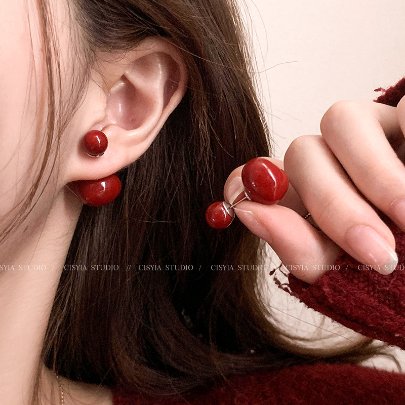 合金树脂耳饰 安可拉红两戴爱心耳环女高级感酒红色耳钉耳饰211