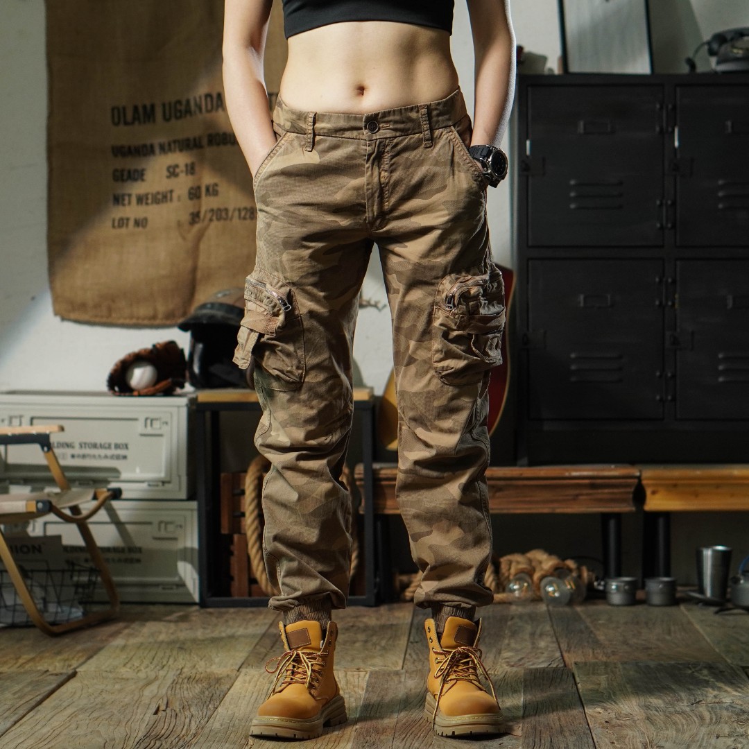 春夏男女工装裤新款宽松束脚迷彩复古风大口袋潮流百搭休闲裤