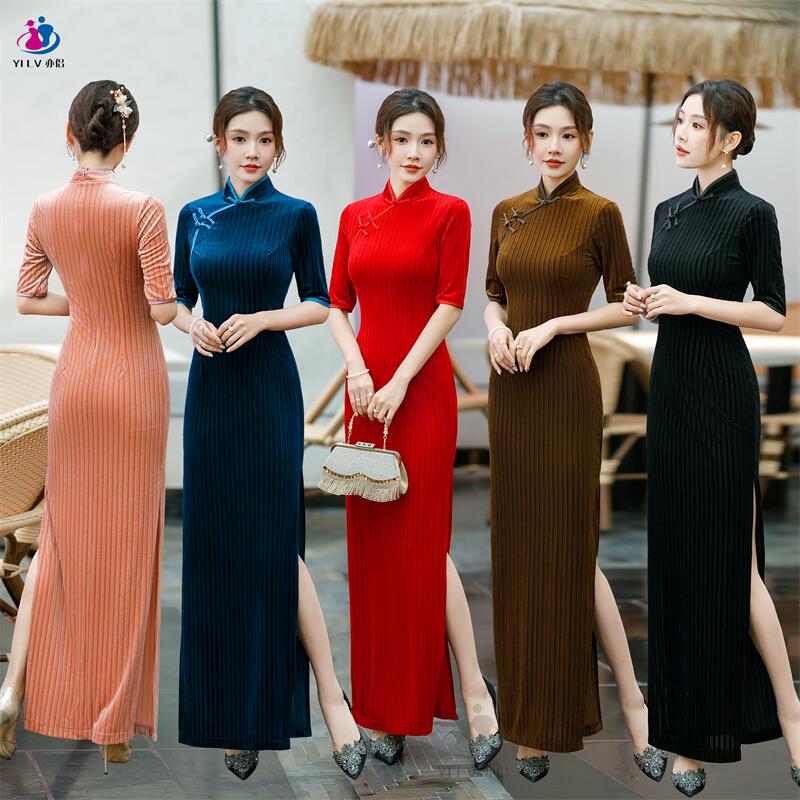 YILV/亦侣新中式复古改良旗袍连衣裙2023秋新款洋气弹力修身长裙