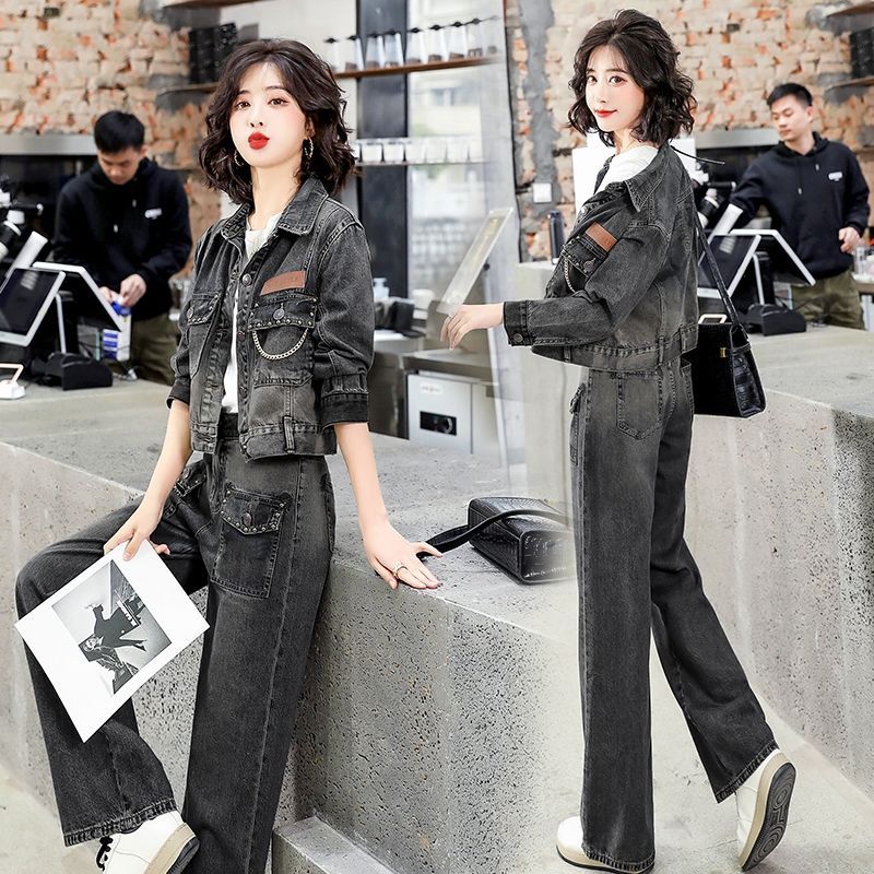 加厚牛仔外套女2023春秋装新款时尚减龄显瘦牛仔裤套装两件套