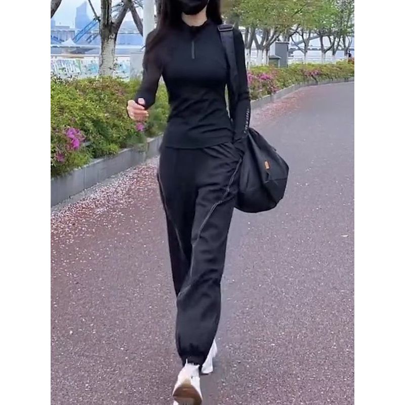 长袖立领黑色修身显瘦瑜伽服宽松轻薄透气瑜伽裤运动健身瑜伽套装