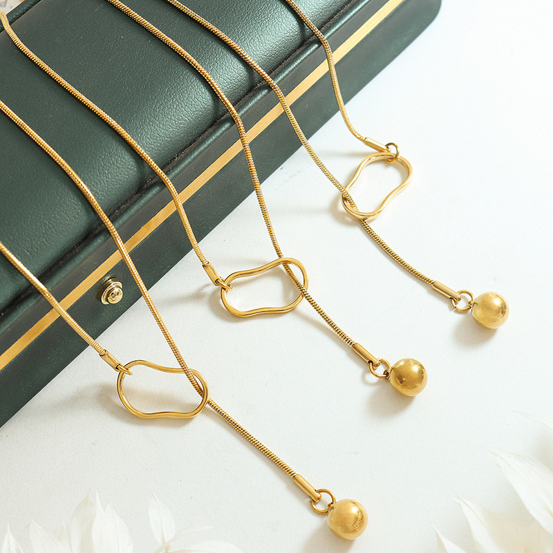 钛钢项链 热销几何圆球流苏可调节长款项链时尚钛钢镀金项链坠链