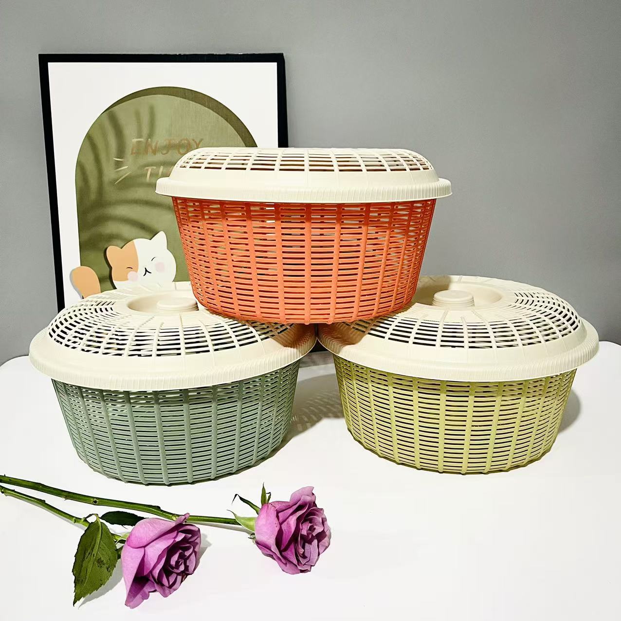 【拍一发三】家用带盖馒头筐洗菜篮果镂沥水篮简约防蝇碗筷收纳筐