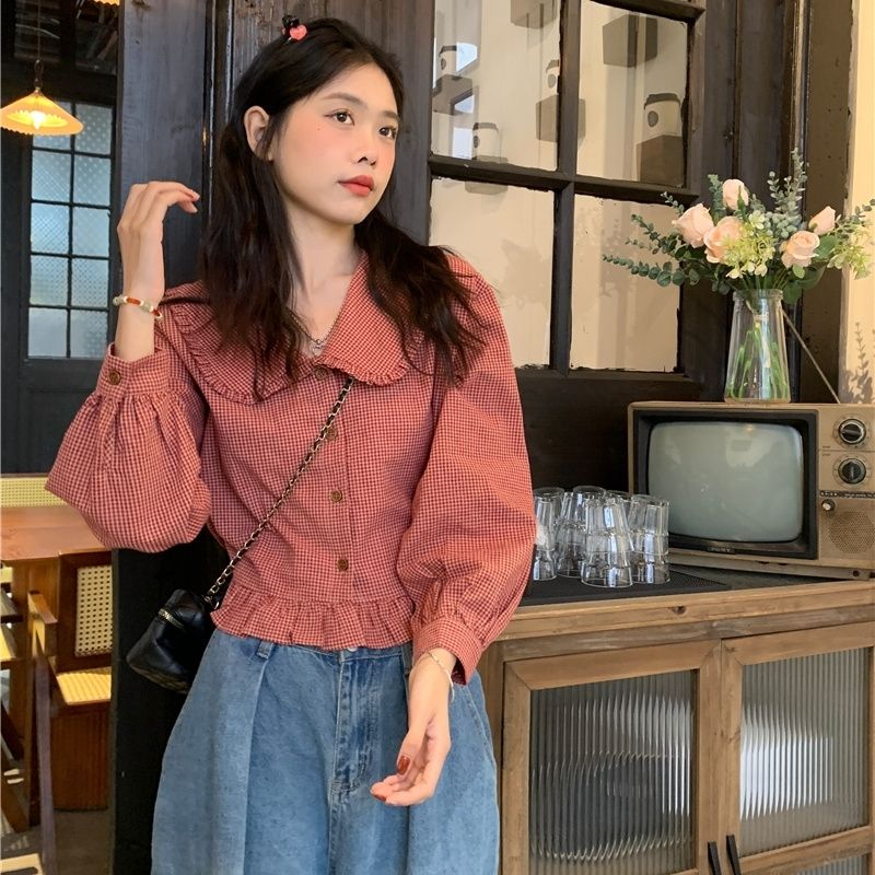 2024春秋新款复古学院风甜美可爱木耳边娃娃领格子短款长袖衬衫