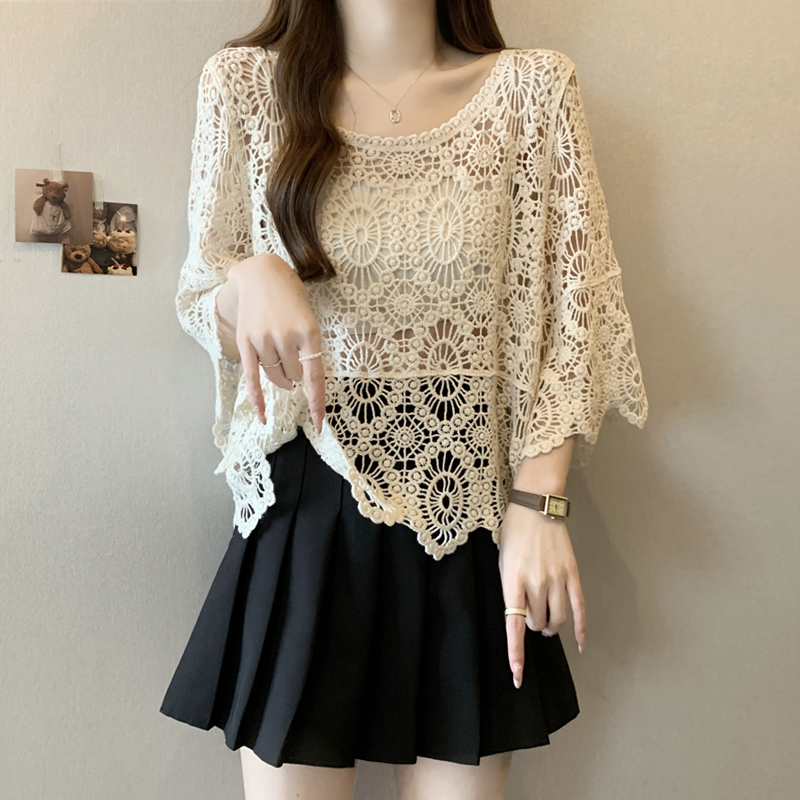 大码女装遮肚子小香风钩花镂空针织衫女夏季胖mm宽松显瘦外搭上衣