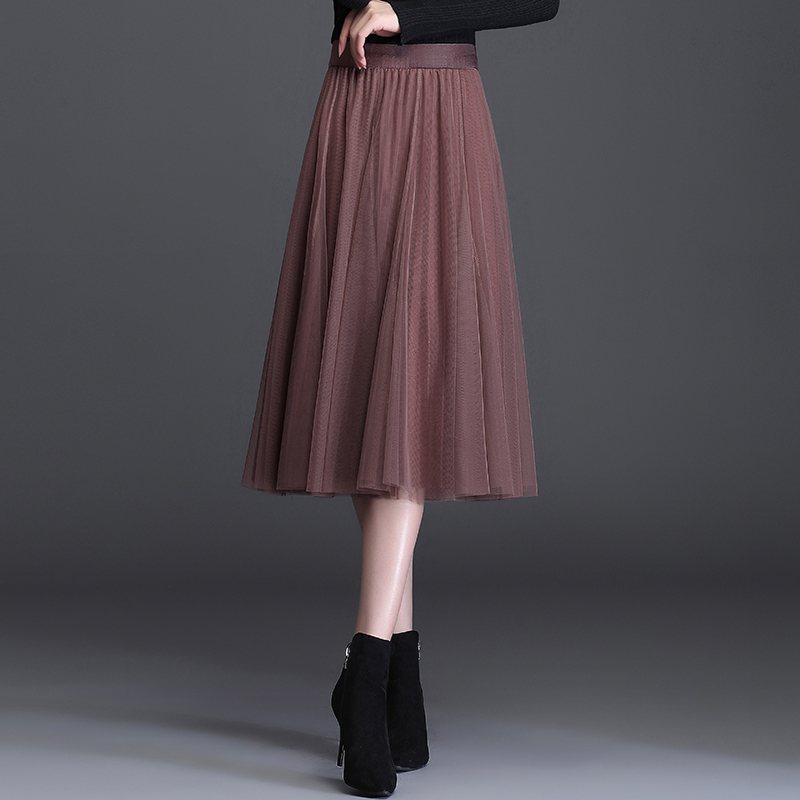 半身裙女2025秋季新款中长款百褶裙春秋网纱裙子小个子a字裙纱裙