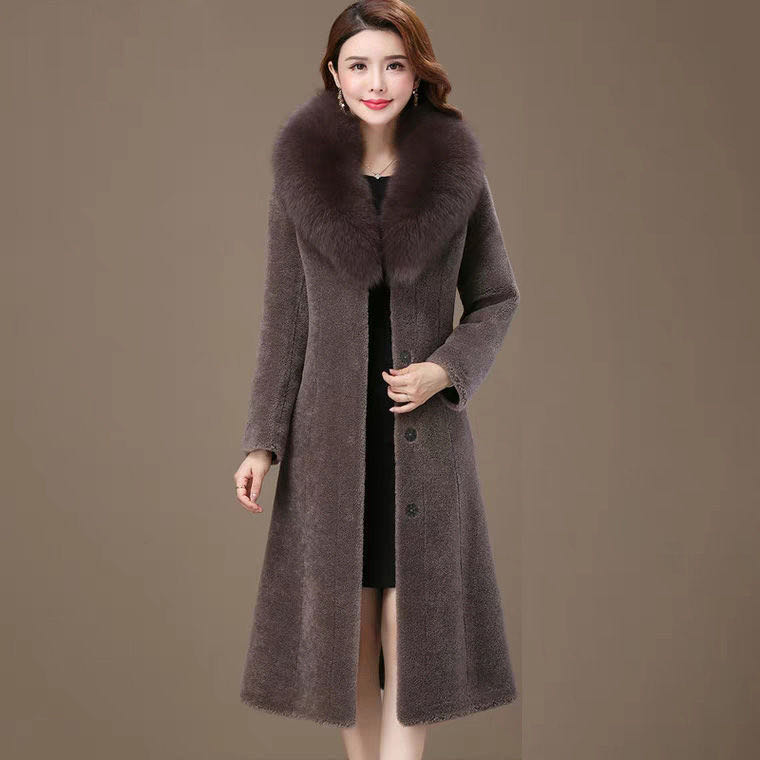冬狐狸毛领皮草羊绒大衣颗粒羊毛冬季海宁皮草外套中长款气质时尚