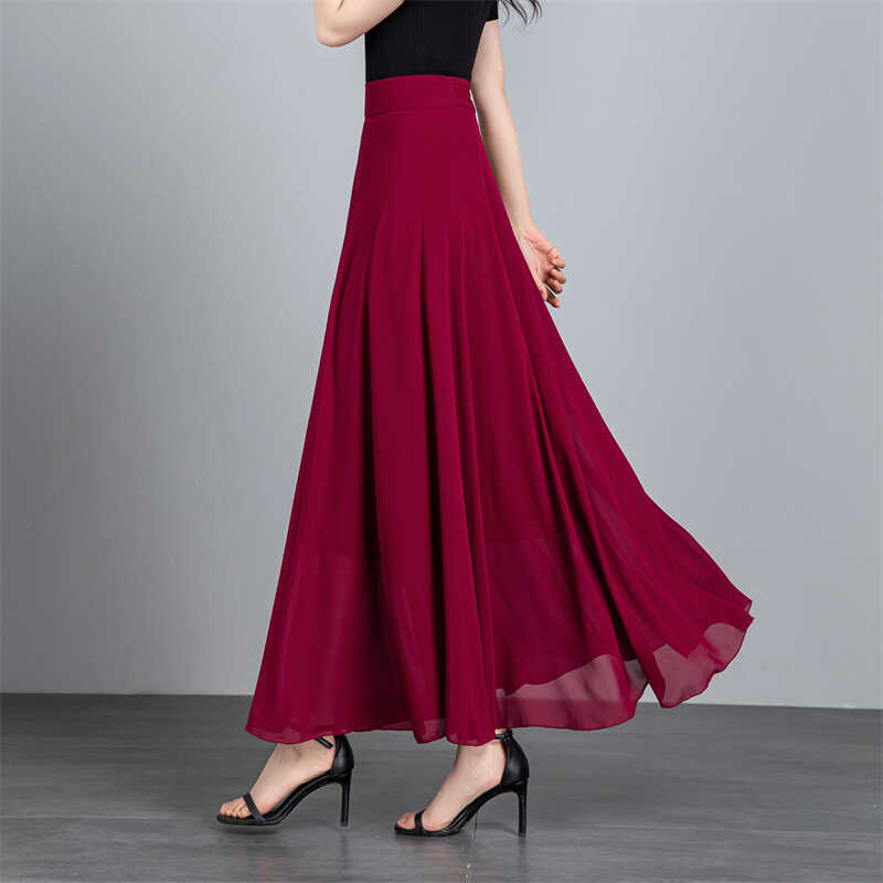 雪纺半身长裙夏新款女高腰a字裙纯色大码广场舞跳舞裙大摆长裙