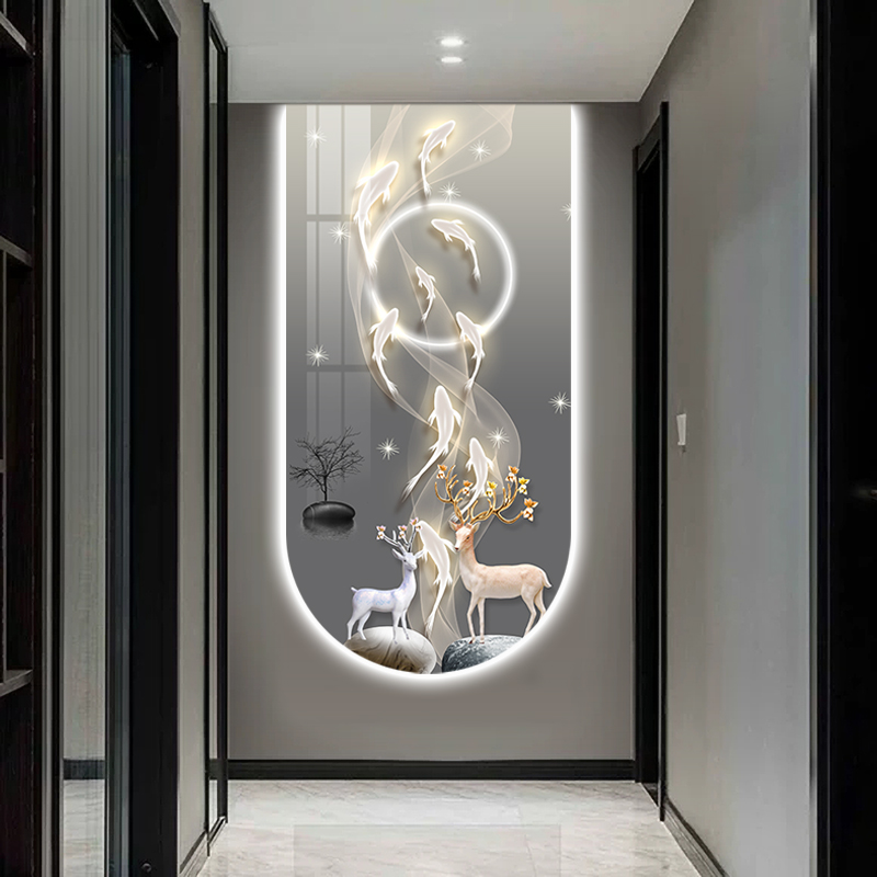 九鱼福鹿现代氛围灯玄关装饰画入户走廊过道挂画轻奢LED灯墙壁画