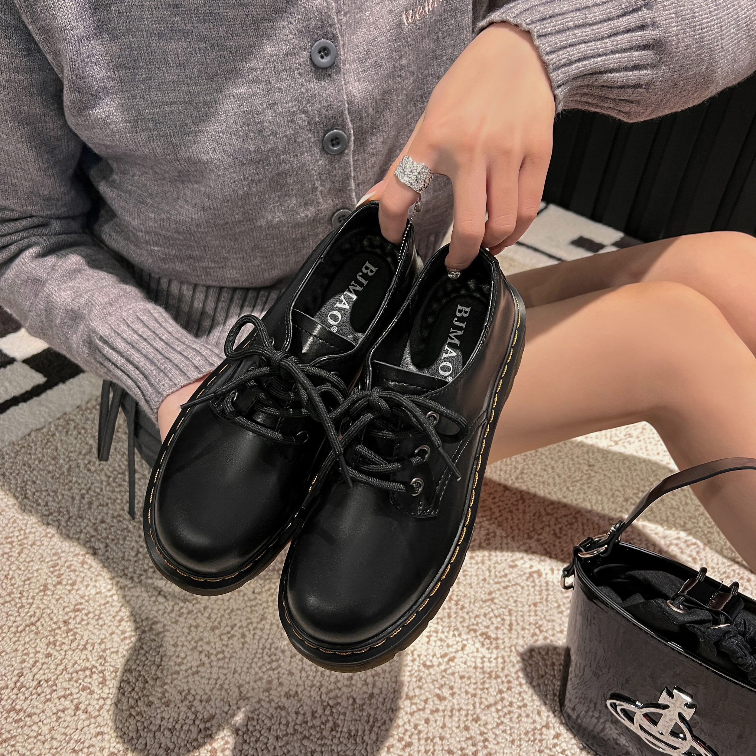 女神节礼物幂幂同款伯爵猫软牛皮英伦圆头单鞋四季厚底马丁鞋