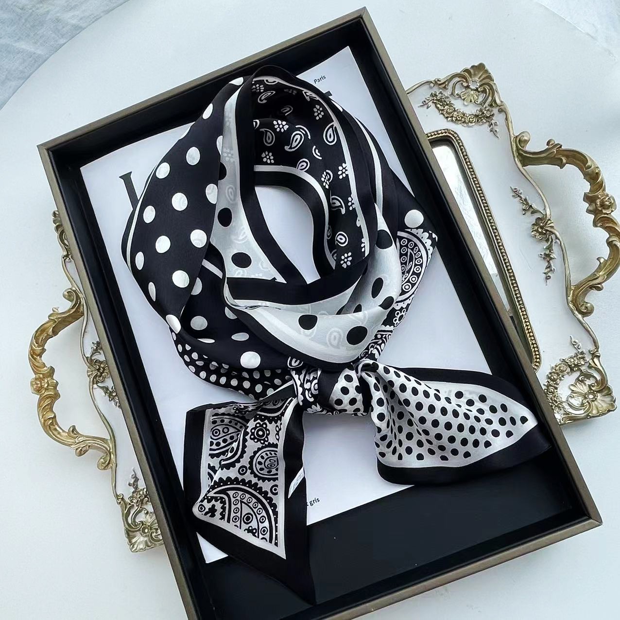 【黑白波点腰果】100%桑蚕丝丝巾洋气女款爆款2025新款明星同款丝巾