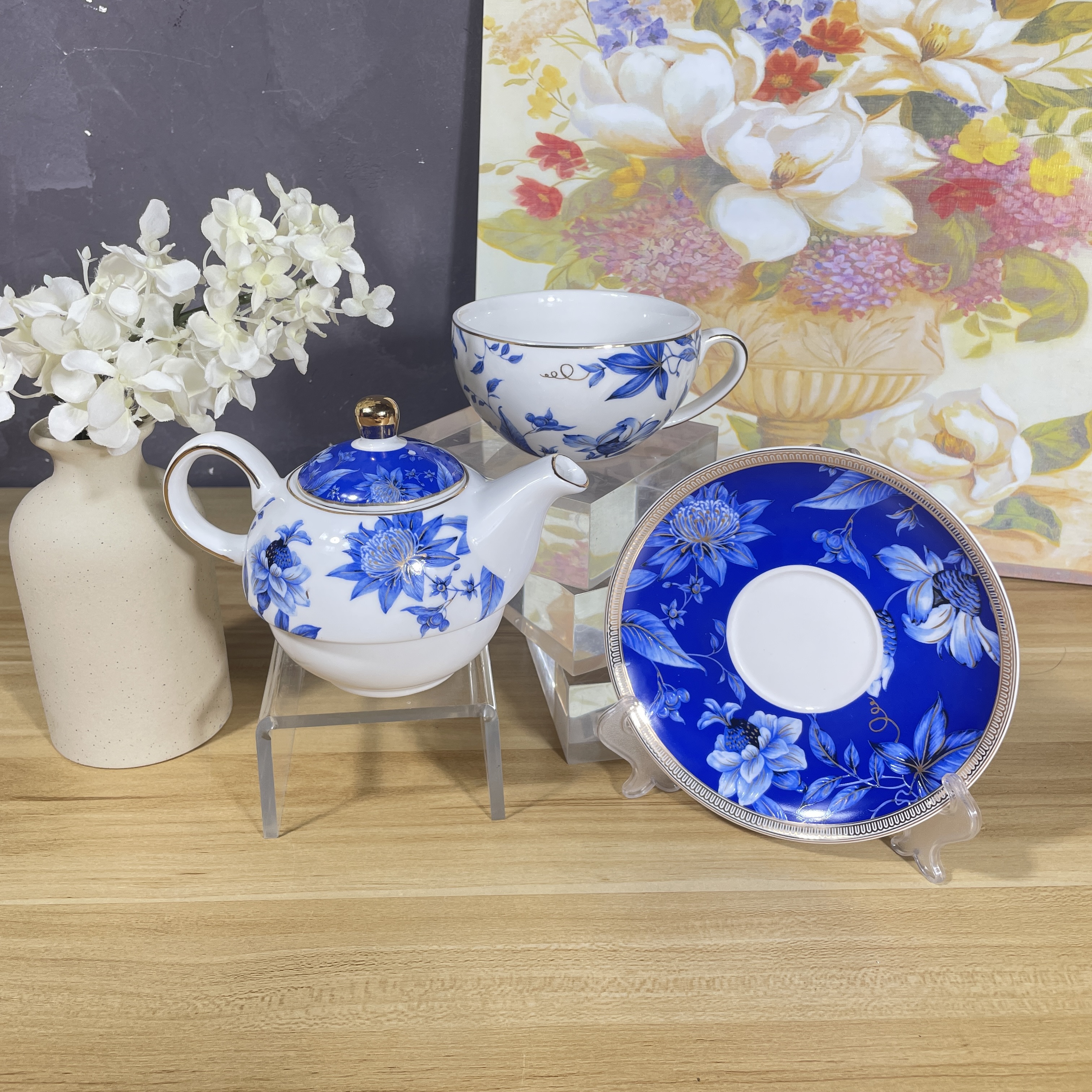 陶瓷中式创意个性描金蓝芙蓉带盖子母杯