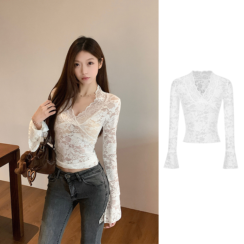 Moses Queen/魔西女王性感辣妹V领蕾丝花边上衣女微喇叭长袖罩衫