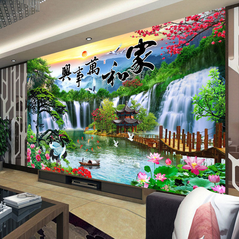 家和万事兴迎客松流水生财十字绣满绣60色中式风景大幅沙发刺绣