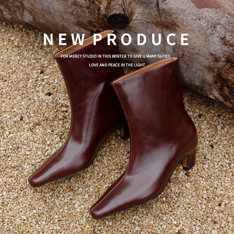5cm韩系骑士靴时装靴2024年冬季真皮时尚异型跟短筒复古百搭高跟