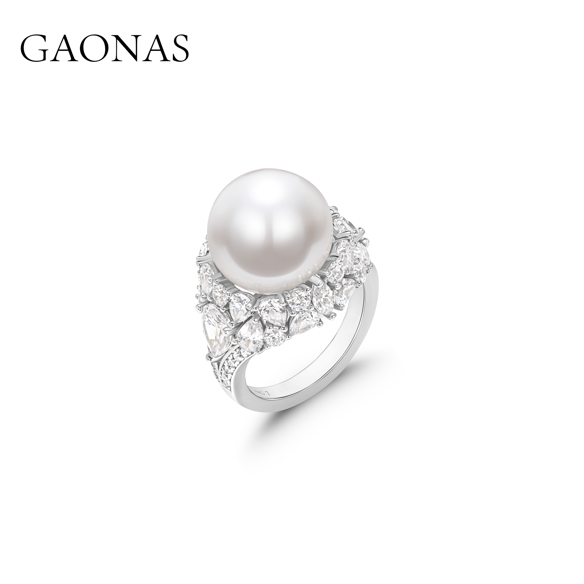 GAONAS 镀K金仿珍珠戒指  典雅日常白色珠戒指11774JW