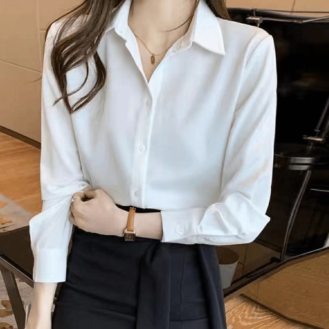 春季新款缎面衬衫网红职业百搭显瘦高级感宽松外穿女小众白色衬衣
