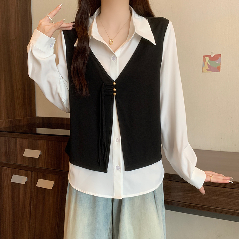 JJ069专享大码秋季辛苦时尚假两件短袖拼接宽松显瘦上衣洋气衬衫