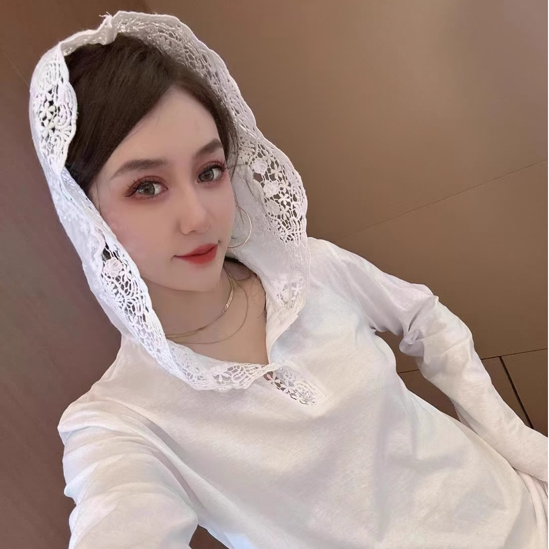 复古蕾丝连帽T恤女春季新款洋气内搭宽松显瘦蕾丝刺绣长袖上衣女