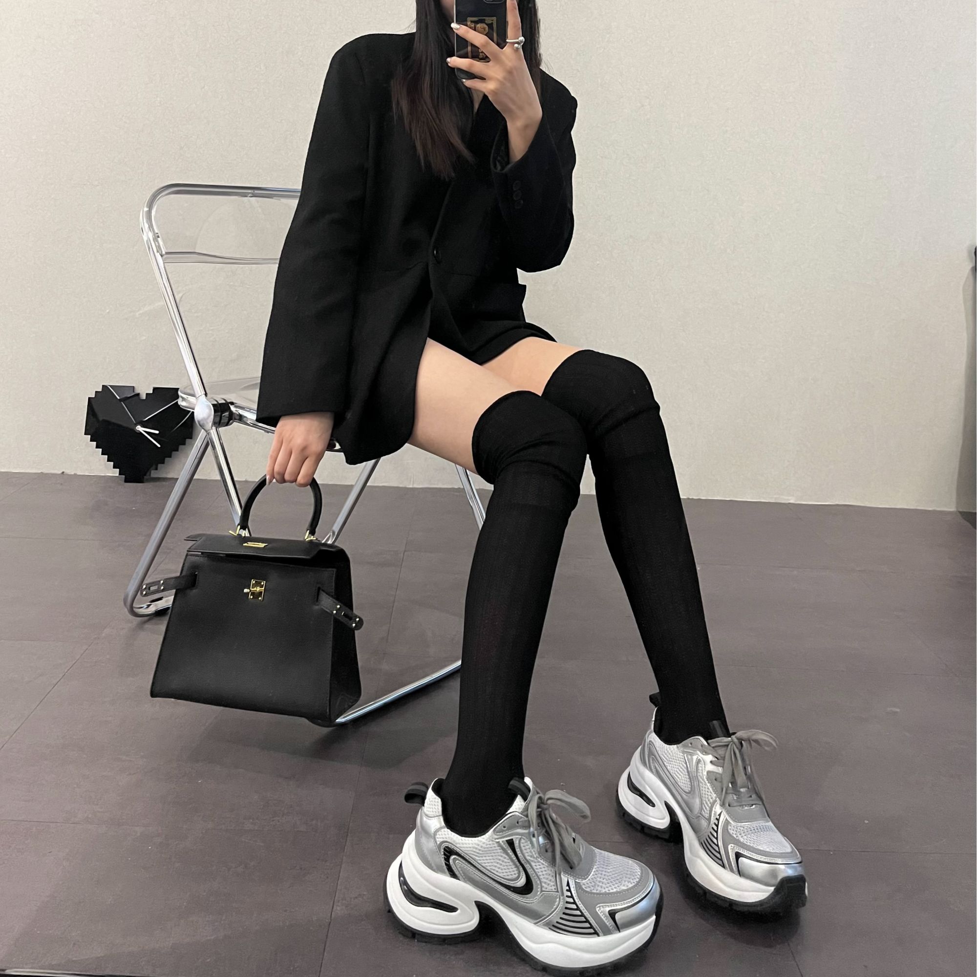 YING2秋季新款黑白灰咖色过膝袜堆堆女袜日常简约高级百搭抗起球