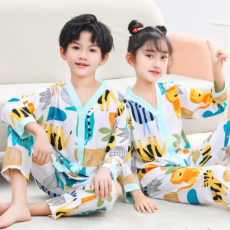 夏季儿童棉绸睡衣男童女孩长袖小中大童宝宝薄款空调服家居服套装