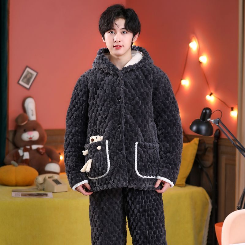 青少年冬三层夹棉袄法兰绒睡衣男女孩加绒加厚保暖珊瑚绒儿童睡衣