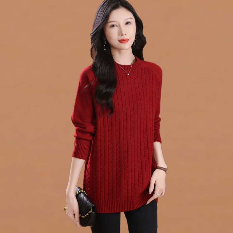 中长款毛衣女秋冬圆领大码宽松洋气遮肚百搭纯色打底针织衫上衣厚