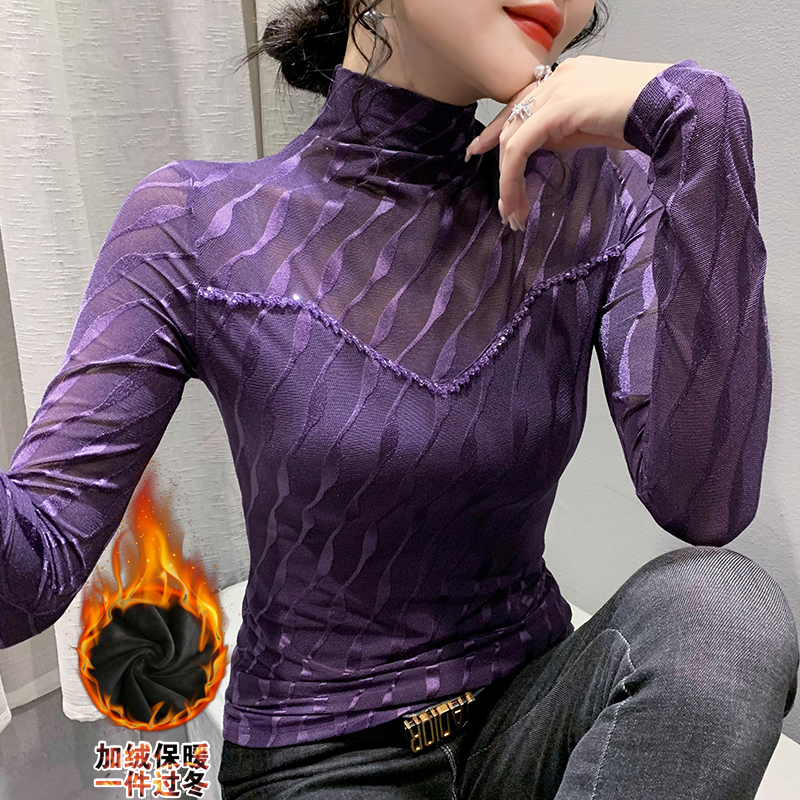 2025年冬爆款拼接钉珠半高领长袖女纯色百搭网纱上衣修身显瘦女装