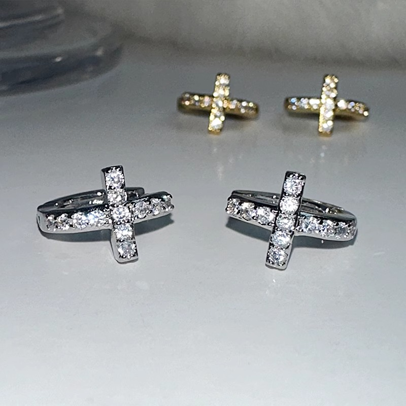 钛钢耳饰 经典款超闪镶钻十字架耳扣简约小众百搭个性耳骨钉耳环