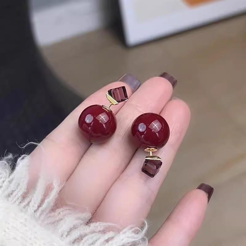 铜合金耳饰 925银针耳饰复古酒红色球球秋冬一款两戴镶钻耳饰女潮