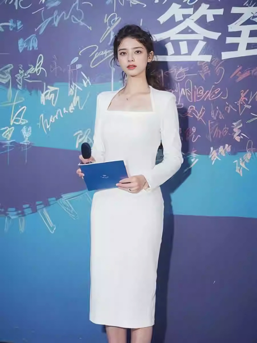 白色主持人端庄大气晚礼服裙高端轻奢小众长袖年会气质生日礼服裙
