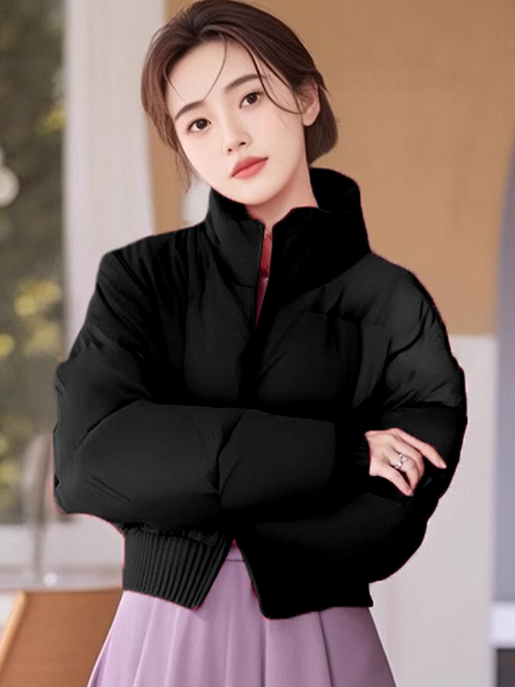 黑色百搭立领时尚短款棉服韩版棉衣加厚冬季修身休闲宽松保暖外套