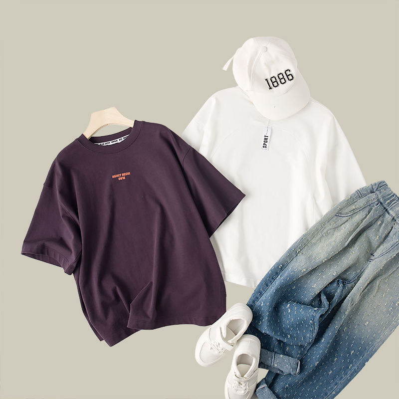 吴小越w347烟熏紫男童T恤2025款半袖短袖时尚上衣半袖T恤纯色圆领