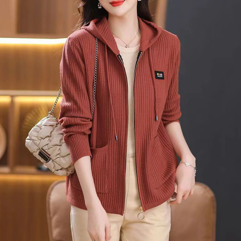 秋冬季新款针织衫女士拉链连帽开衫外套时尚宽松羊毛毛衣休闲百搭