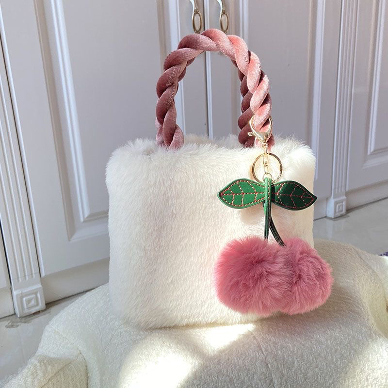 樱桃可爱少女毛绒手提包包女2024新款ins秋冬毛毛单肩斜挎水桶包