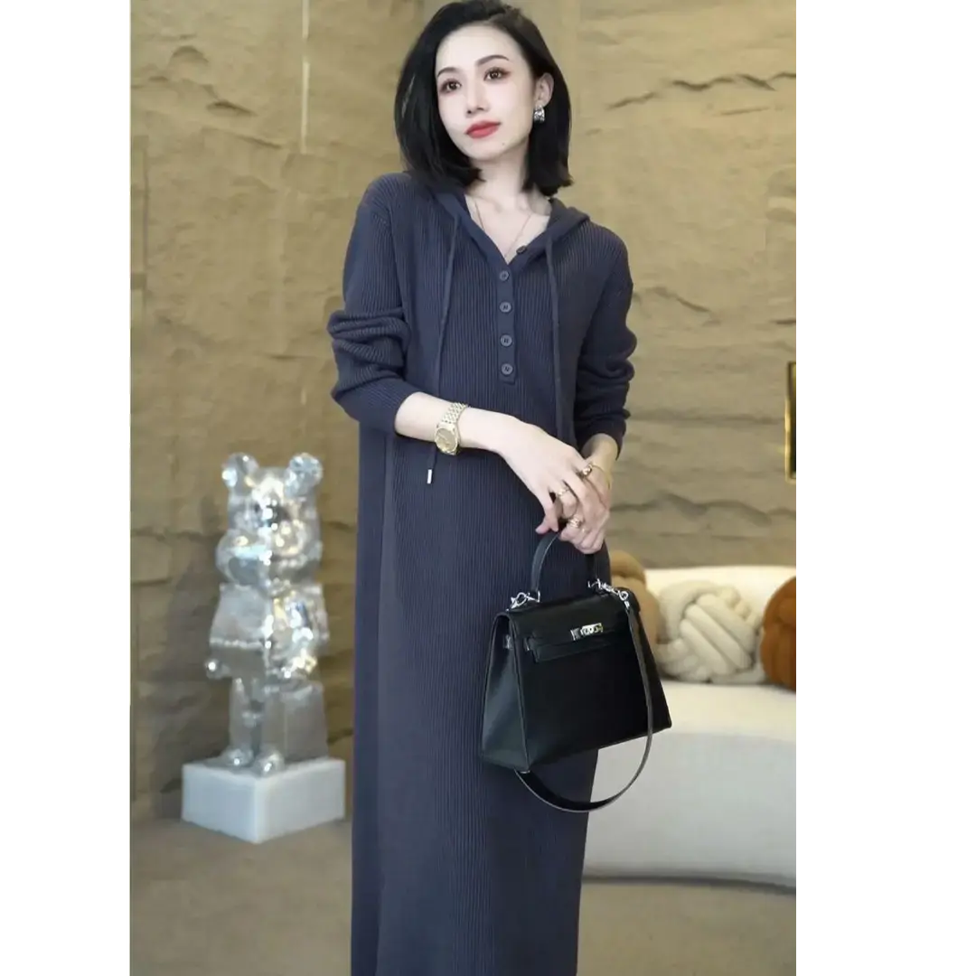 现货 大码气质毛衣裙显瘦连帽宽松新款轻奢高级感休闲连衣裙女款