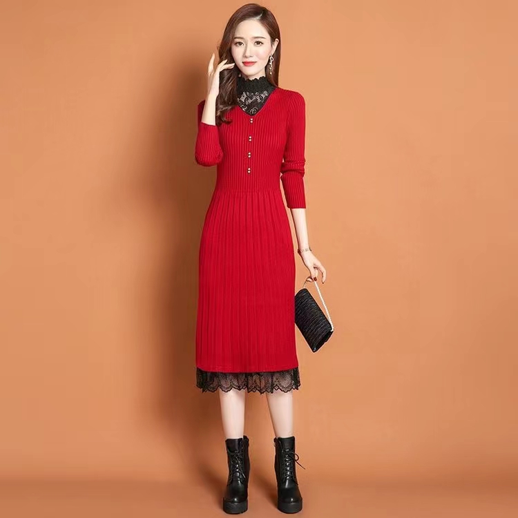 时尚气质保暖加厚针织连衣裙女秋冬新款蕾丝拼接毛衣裙过膝打底裙
