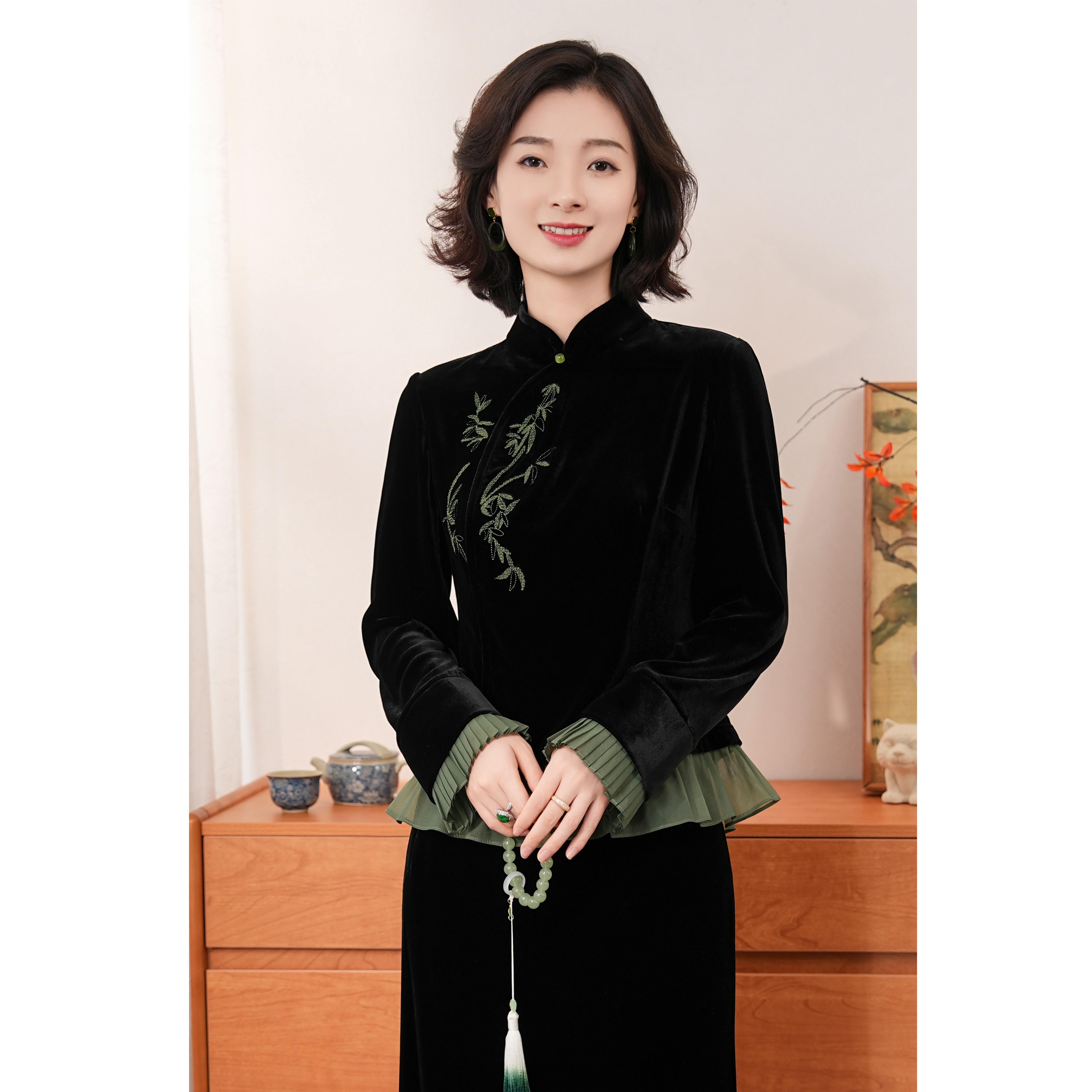 西子/【青竹】进口丝绒韩国绒刺绣拼接国风撞色古典上衣/SYCY213