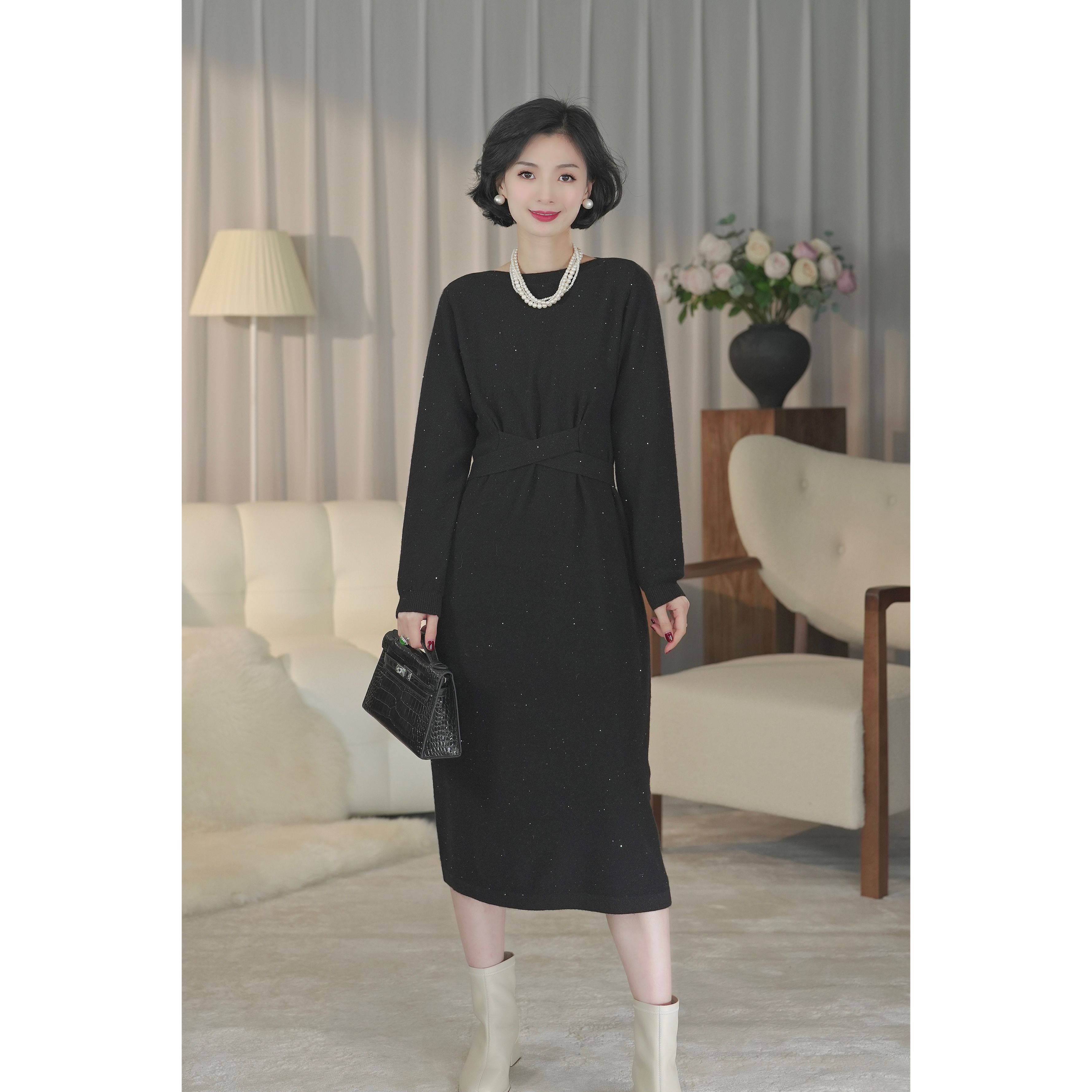 西子/【浮光掠影】法式系带针织精梳羊毛优雅宽松连衣裙/CQXML001