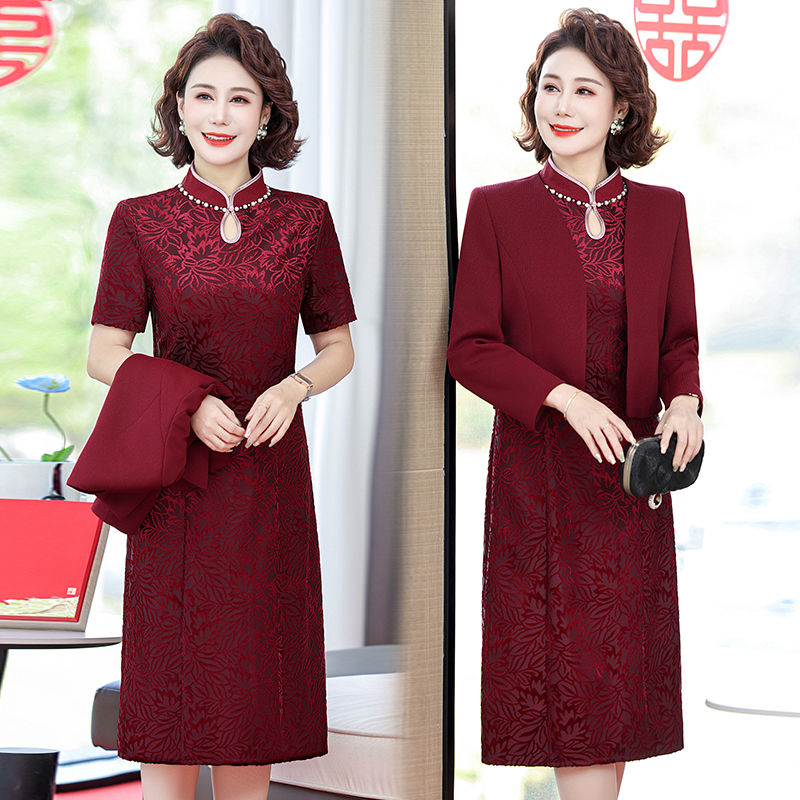 婚礼妈妈婆婆礼服春秋连衣裙旗袍中老年新款婚宴洋气两件套裙子女